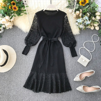 Modern női ruha csipke elemmel és O-nyakkal