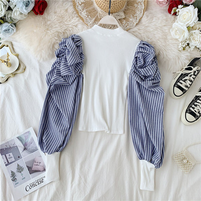 Bluză de damă modernă cu mâneci largi în alb și negru