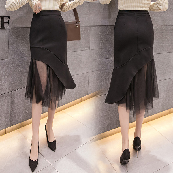 Fusta de dama asimetrica actuala cu tul de culoare neagra
