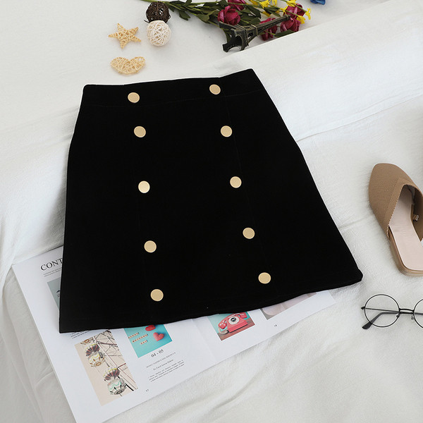 Modern női szoknya fekete, barna és kék gombokkal