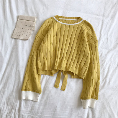 Modern női pulóver kék és sárga színben, nyakkendővel