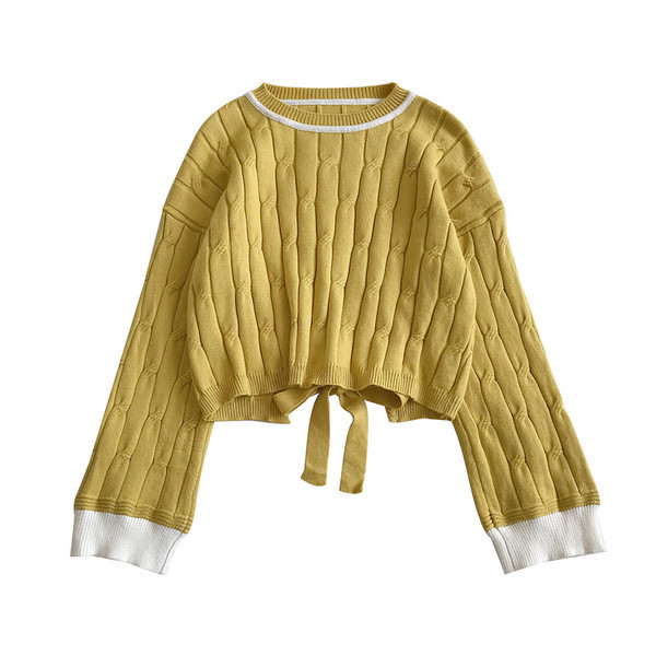 Modern női pulóver kék és sárga színben, nyakkendővel