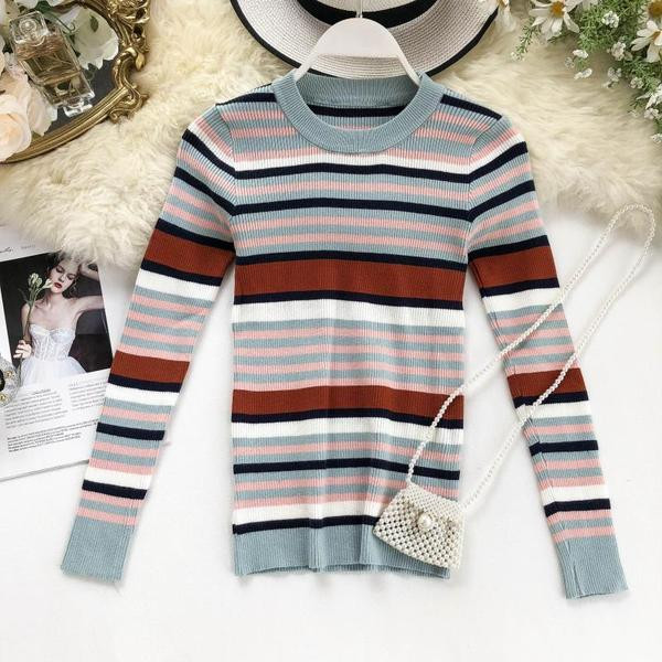 Női csíkos dáma O-nyakkal, négy színben