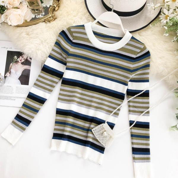 Női csíkos dáma O-nyakkal, négy színben