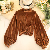 Bluză de damă din catifea cu decolteu O și fermoar în trei culori