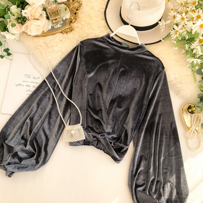 Bluză de damă din catifea cu decolteu O și fermoar în trei culori