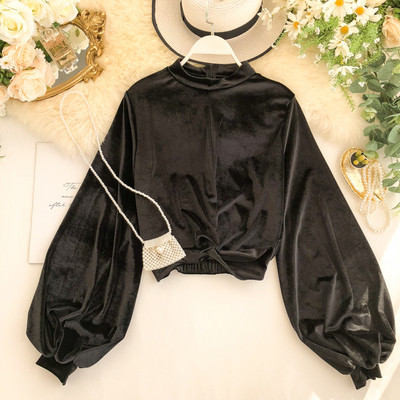 Bluză de damă din catifea cu decolteu O și fermoar în trei culori