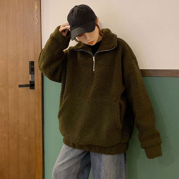 Puha női laza pulóver cipzárral és zsebbel