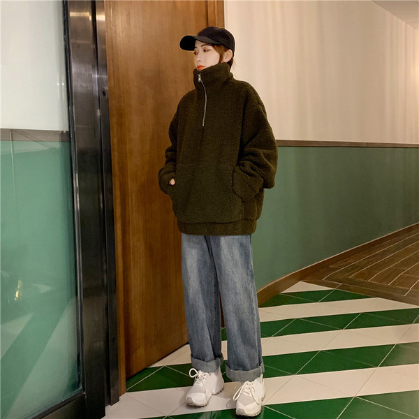 Puha női laza pulóver cipzárral és zsebbel