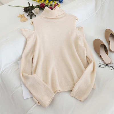 Modern női pulóver pólógallérral és csupasz vállakkal, különböző színekben