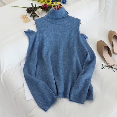 Modern női pulóver pólógallérral és csupasz vállakkal, különböző színekben