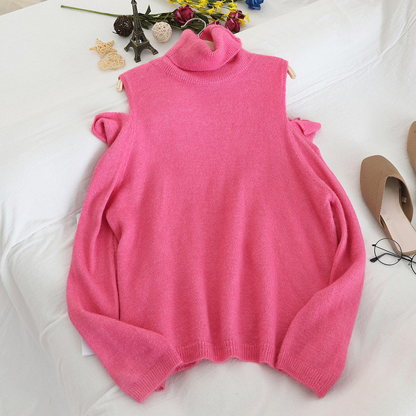 Modern női pulóver pólógallérral és csupasz vállakkal, különböző színekben