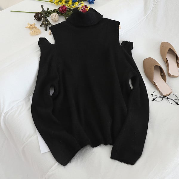 Modern női pulóver pólógallérral és csupasz vállakkal, különböző színekben