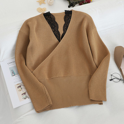 Pulover de dama model nou cu decolteu spitz si dantela in mai multe culori