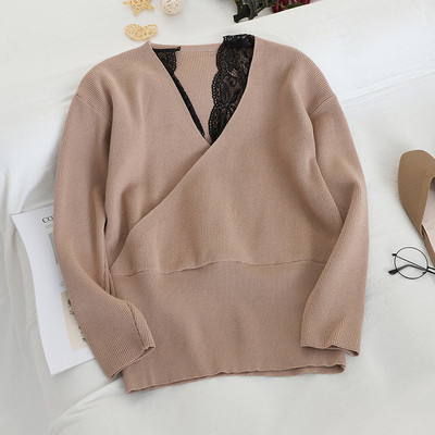 Pulover de dama model nou cu decolteu spitz si dantela in mai multe culori