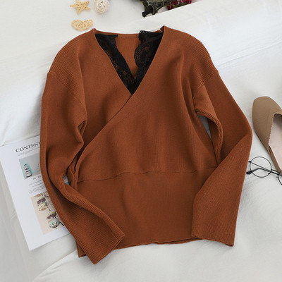 Pulover de dama model nou cu decolteu spitz si dantela in mai multe culori