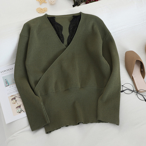 Pulover de dama model nou cu decolteu spitz si dantela in mai multe culori