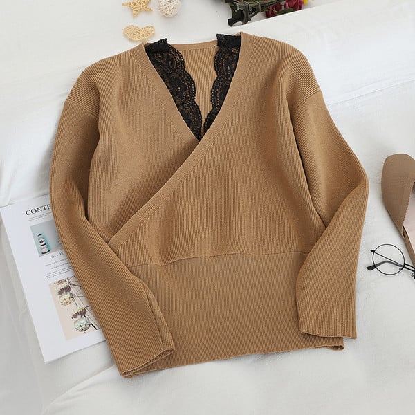 Pulover de dama model nou cu decolteu spitz si dantela in mai multe culori