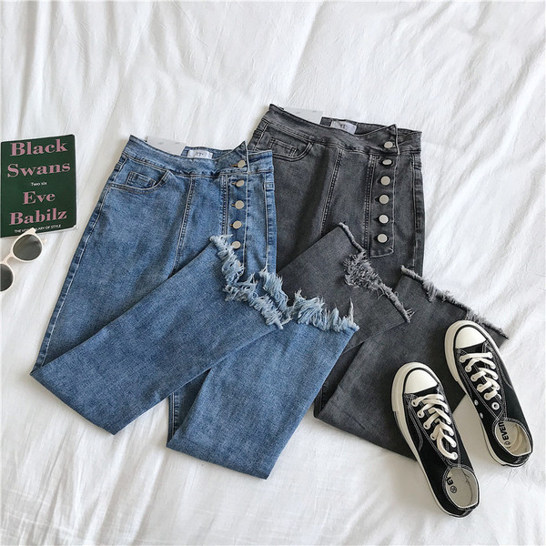 Blugi moderni de dama in albastru si gri cu nasturi