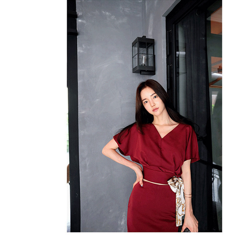 Új modell modern női blúz szett V-nyakú + magas derekú szoknya bordó színben