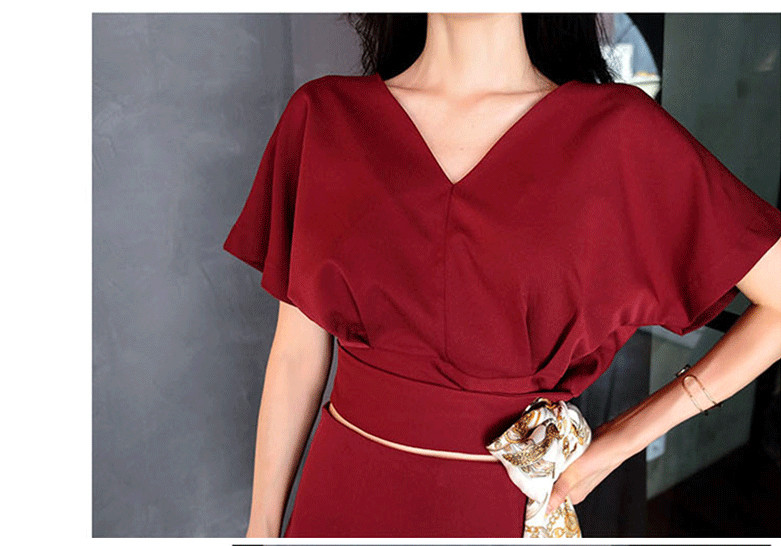 Új modell modern női blúz szett V-nyakú + magas derekú szoknya bordó színben