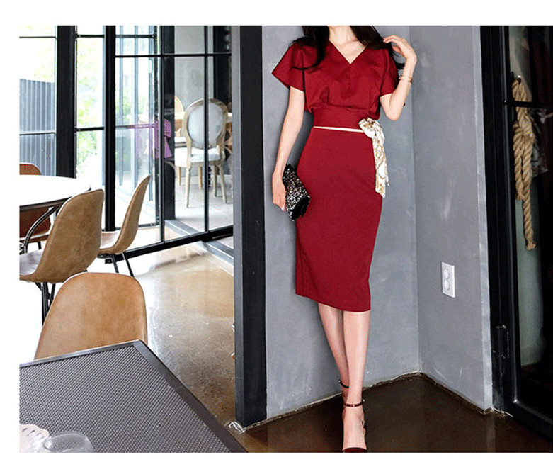 Új modell modern női blúz szett V-nyakú + magas derekú szoknya bordó színben