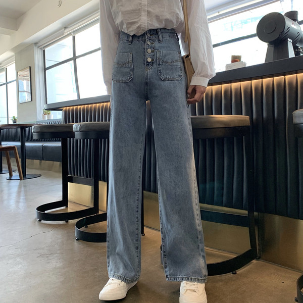 Női alkalmi farmernadrág kék színben, gombokkal és zsebekkel