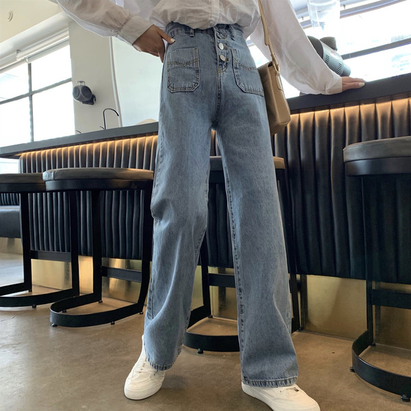 Női alkalmi farmernadrág kék színben, gombokkal és zsebekkel