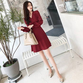 Νέο μοντέλο γυναικείο φόρεμα V-neck με μακρύ  μανίκι σε μπορντό χρώμα