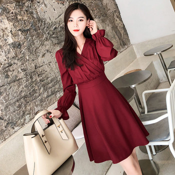 Νέο μοντέλο γυναικείο φόρεμα V-neck με μακρύ  μανίκι σε μπορντό χρώμα