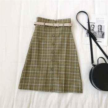 Γυναικεία καρό φούστα σε τρία χρώματα με ψηλή μέση και κουμπιά