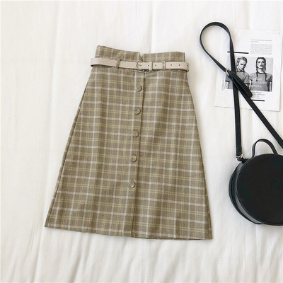Γυναικεία καρό φούστα σε τρία χρώματα με ψηλή μέση και κουμπιά