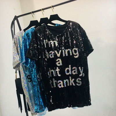 ÚJ Aktuális női flitteres blúz hosszú modell rövid ujjal