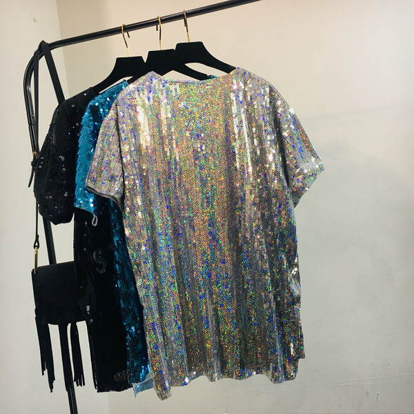 ÚJ Aktuális női flitteres blúz hosszú modell rövid ujjal