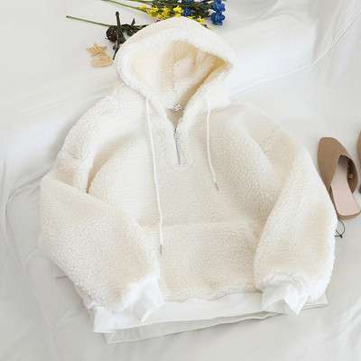 Női pehely pulóver kapucnival és zsebbel rózsaszín és fehér színben