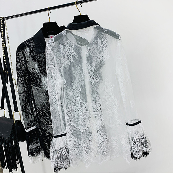 Modern női csipke ing lótusz ujjú fehér és fekete színben