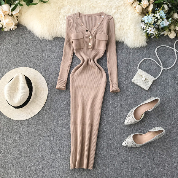 Alkalmi női ruha spitz nyakkivágással és gombokkal több színben