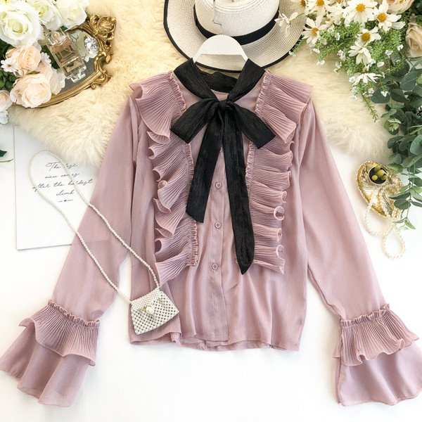 Stílusos női ing szalaggal és hosszú ujjú több színben