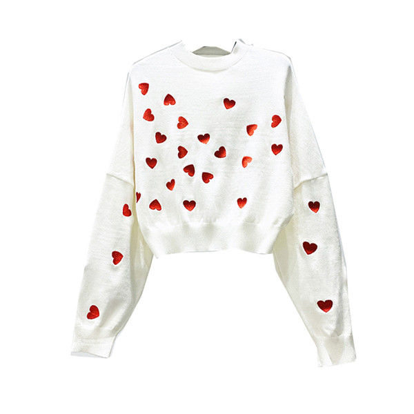 Bluză de damă modernă cu decolteu rotund și aplicație - inimă în alb și roz