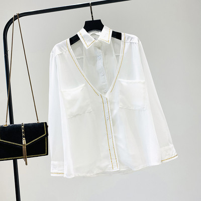 Cămașă modernă de damă cu buzunare - model larg în alb, galben și negru