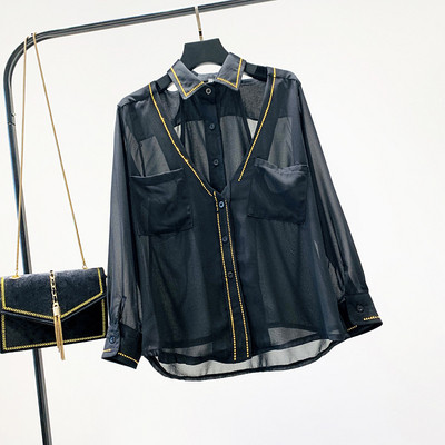 Cămașă modernă de damă cu buzunare - model larg în alb, galben și negru