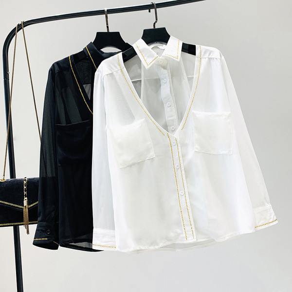 Cămașă modernă de damă cu buzunare - model larg în alb, galben și negru