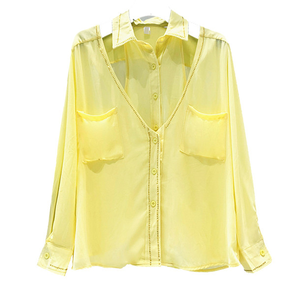 Cămașă modernă de damă cu buzunare - model larg în alb, galben și negru