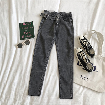 Modern női farmer kék és szürke színben, gombokkal és magas derékkal