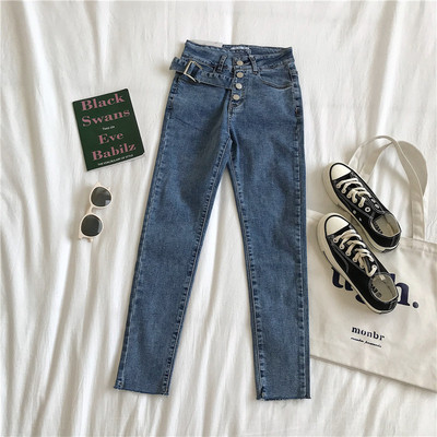 Modern női farmer kék és szürke színben, gombokkal és magas derékkal