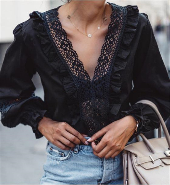 Modern női blúz csipkével és spitz nyakkivágással, három színben