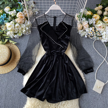 Stílusos női bársonyruha gyöngyökkel és cipzárral két színben