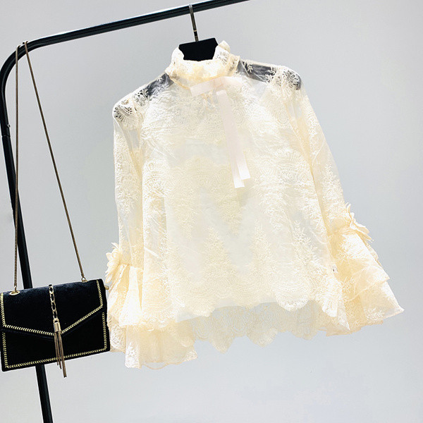 Női csipkeblúz lótusz ujjú fekete, fehér és sárga színben