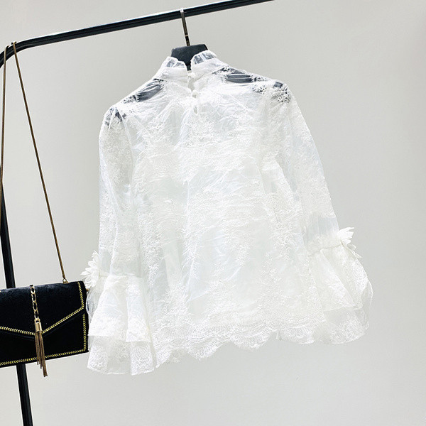 Női csipkeblúz lótusz ujjú fekete, fehér és sárga színben