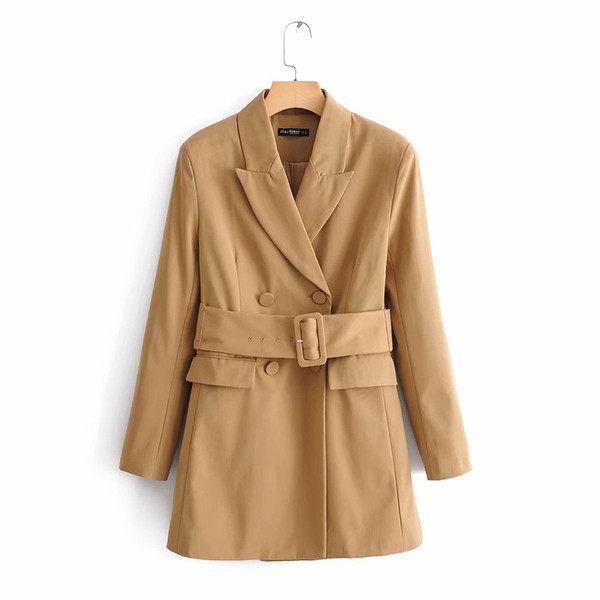 Модерно дамско палто с колан в кафяв цвят